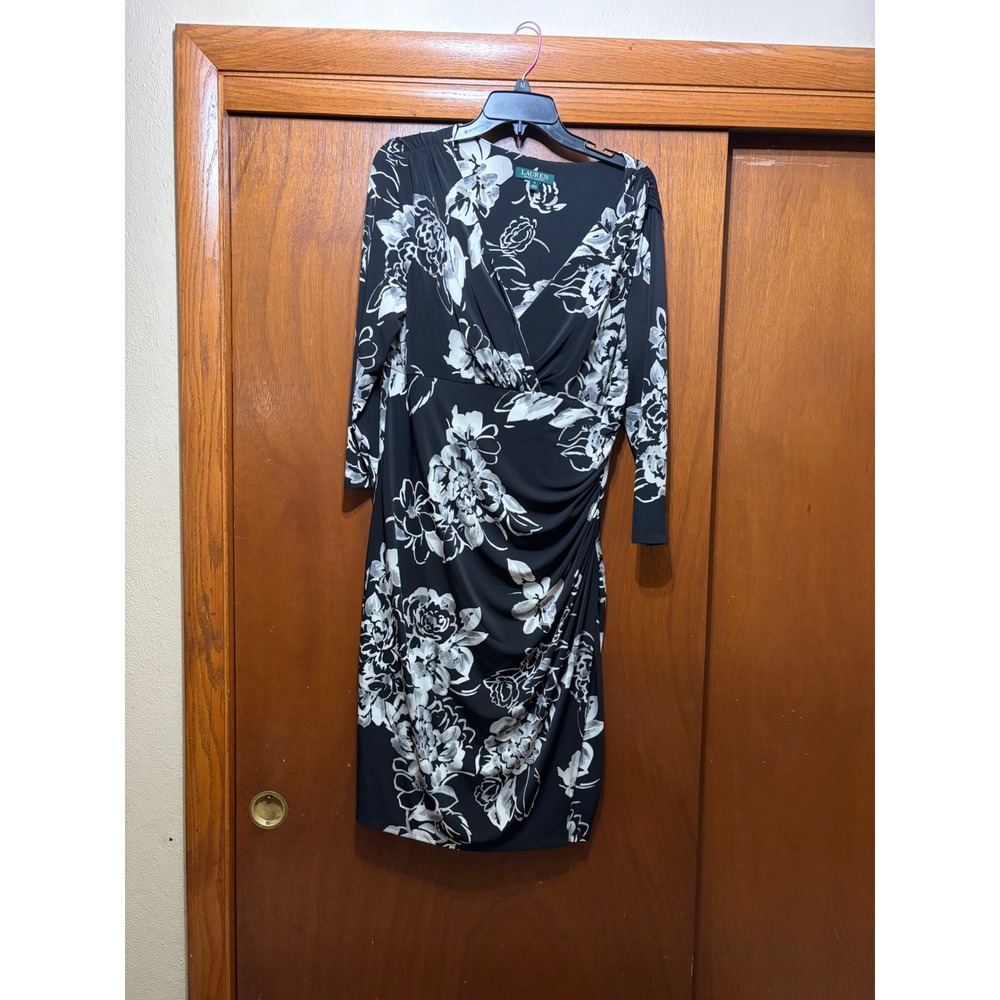 Lauren Ralph Lauren Black White Floral Faux Wrap Dress Size 16 Surplice Jersey